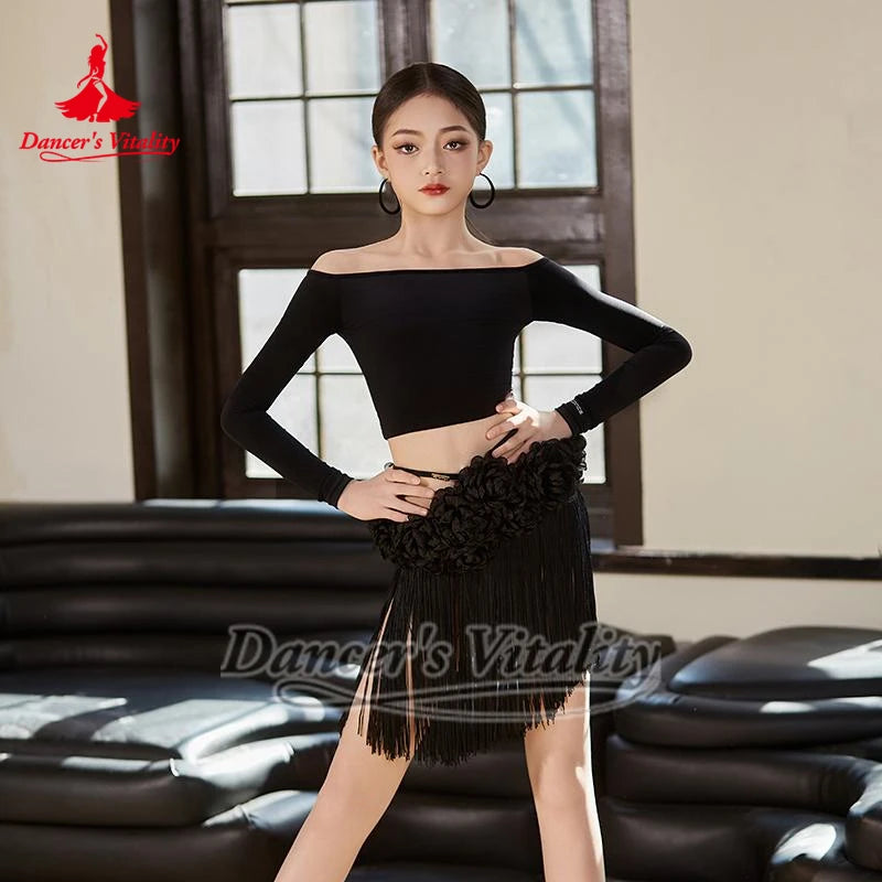 Latin Dance Dress Girls White Black Off Shoulder Fringe Skirt Ballroom Rumba Samba Cha Cha Dancewear