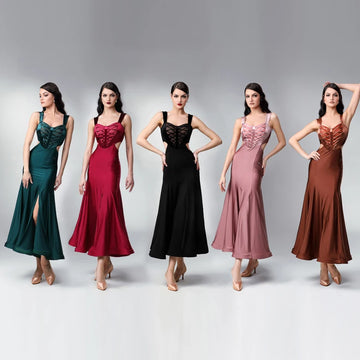 Women's Emerald Green, Burgundy, Black, Dusty Rose, and Copper Sleeveless Lace-Up Side Cut-Out Tango Dance Dress