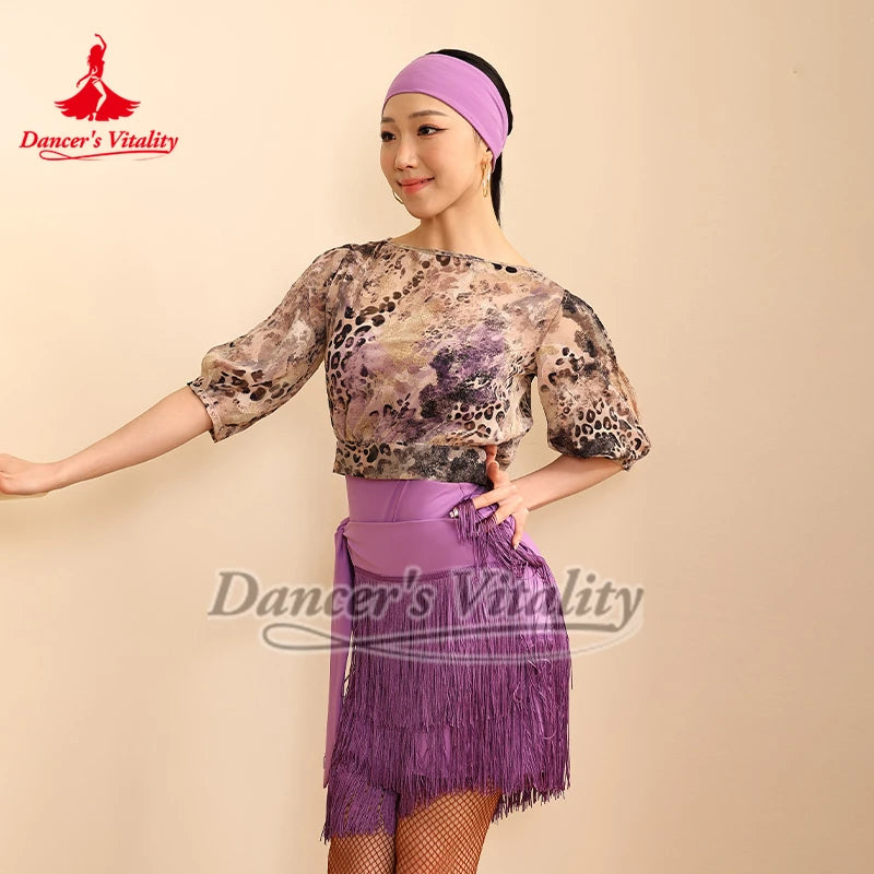 Women's Purple & Black Fringe Latin Dance Skirt Set with Sheer Floral Tops