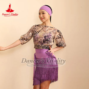 Women's Purple & Black Fringe Latin Dance Skirt Set with Sheer Floral Tops