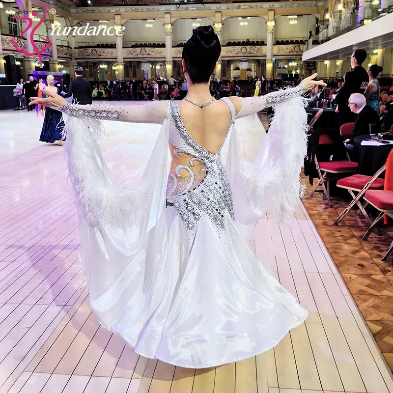 Women's Standard Ballroom Dance Dress In Chiffon With Ostrich Feathers For Competition