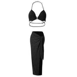Women's Halter Neck Ruched Two-Piece Set with High Slit Skirt, Red, Black, White, Latin Dance