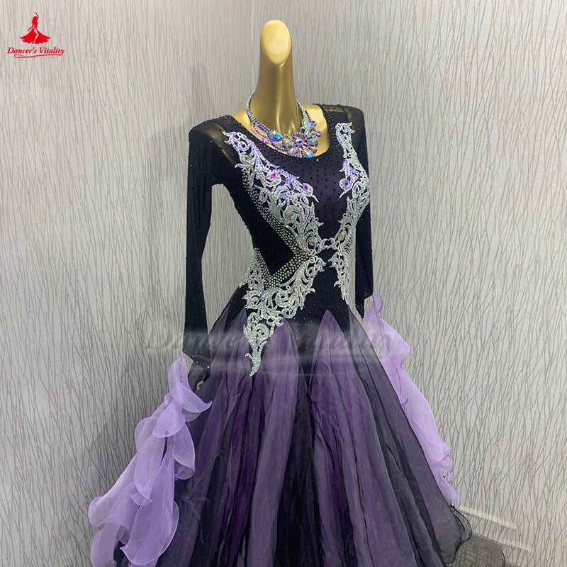 Women's Standard Ballroom Dance Dress With AB Rhinestones Black-Purple For Competition Waltz Foxtrot Tango