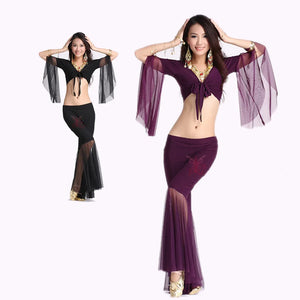 Belly Dance Costume Women's Purple Chiffon Long Sleeve Crop Top and Flare Pants Set
