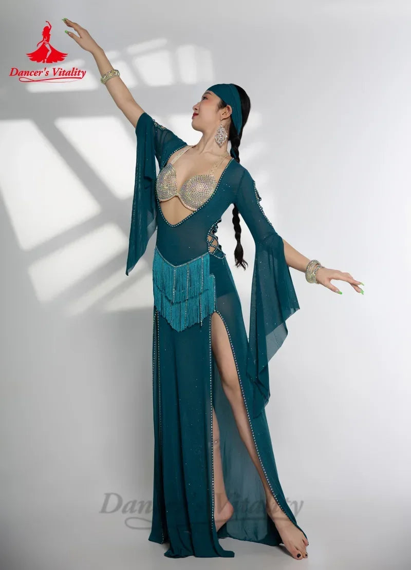 Belly Dance Dress Women Blue Sequin Rhinestone Mesh Long Sleeve Slit Maxi Gown