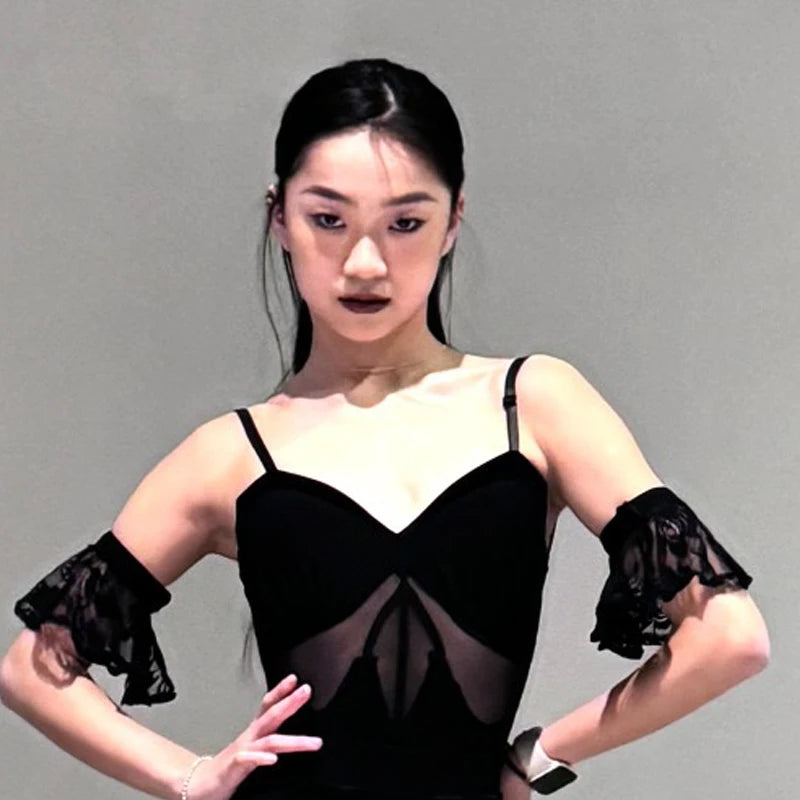 Women's Black Mesh Ruffled Latin Rhythm Salsa Dance Dress