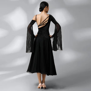 Ballroom Dance Dress Women Black Sheer Chiffon Velvet Leaf Print Pleated Long Sleeve Modern Waltz Foxtrot Tango