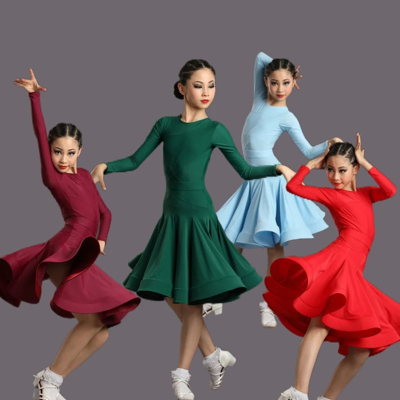 Girls Latin Dance Dress, Multi-Color Long Sleeve Ruffled Skirt Ballroom Performance Costume