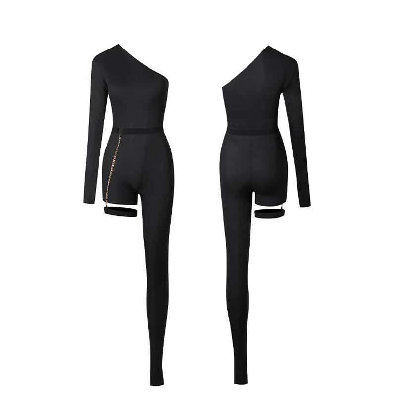 Women's Black One-Shoulder Asymmetrical Bodysuit with Garter Straps, Modern Dance Leotard
