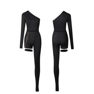 Women's Black One-Shoulder Asymmetrical Bodysuit with Garter Straps, Modern Dance Leotard