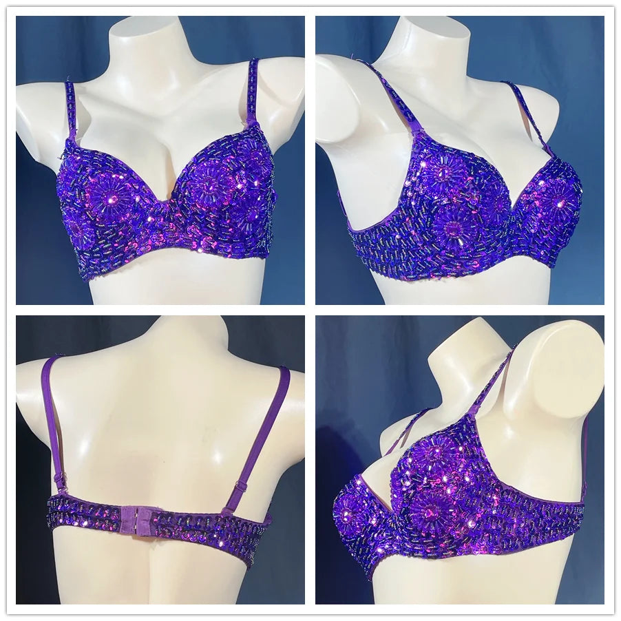 Sequin Beaded Dance Bra Top, Women's, Pink, Blue, Purple, Black, Embellished, Belly Dance