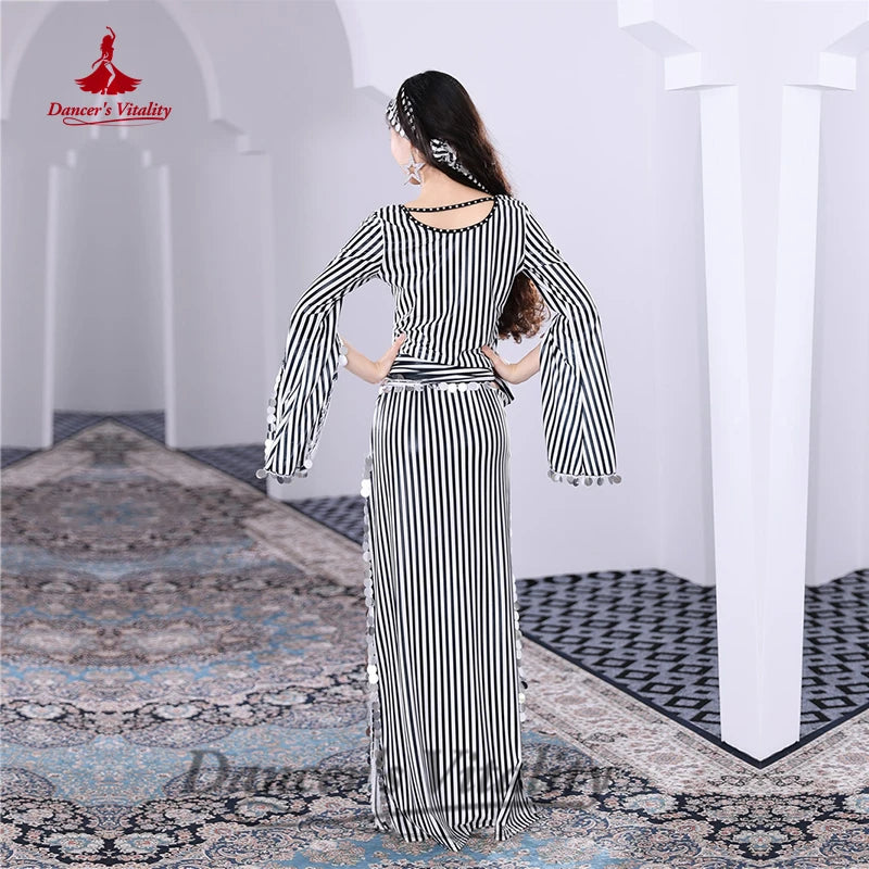 Women's Gold Striped Kaftan Dress with Sequin Trim and Headband for Belly Dance