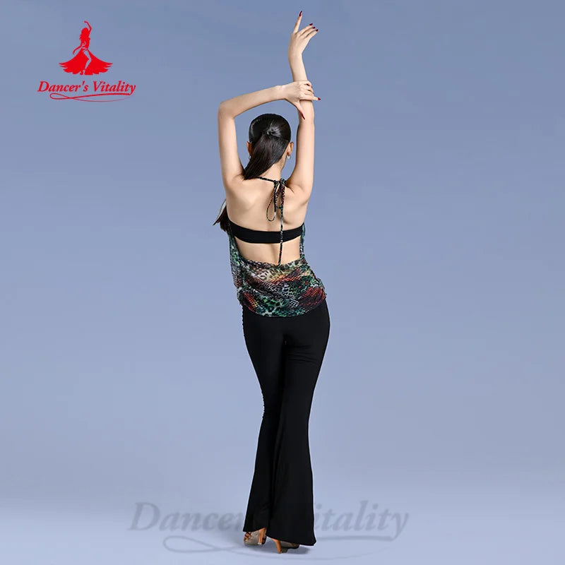 Latin Dance Dress Women's Black & Animal Print Fringe Halter Top, Sleeveless, Asymmetrical Hem, Polyester Blend, Rumba, Cha Cha, Samba