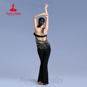 Latin Dance Dress Women's Black & Animal Print Fringe Halter Top, Sleeveless, Asymmetrical Hem, Polyester Blend, Rumba, Cha Cha, Samba