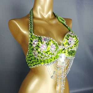 Belly Dance Halter Top, Women's Teal Sequin & Beaded Crystal Bra with Dangles, Performance Costume