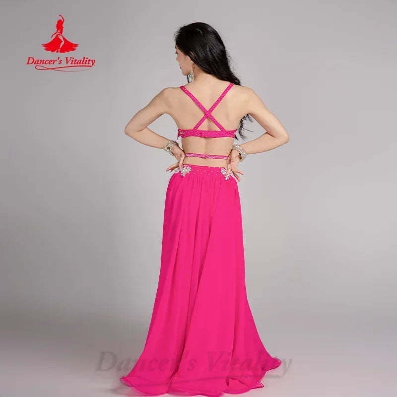 Belly Dance Costume for Women, Red Chiffon Sequin Embroidered Bra and Skirt Set, Professional Performance Outfit