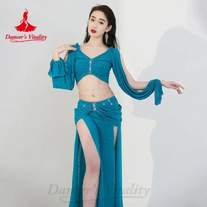 Belly Dance Costume Women's Teal Sparkle Crop Top with Flowing Sleeves and High Slit Skirt, Chiffon and Spandex Set