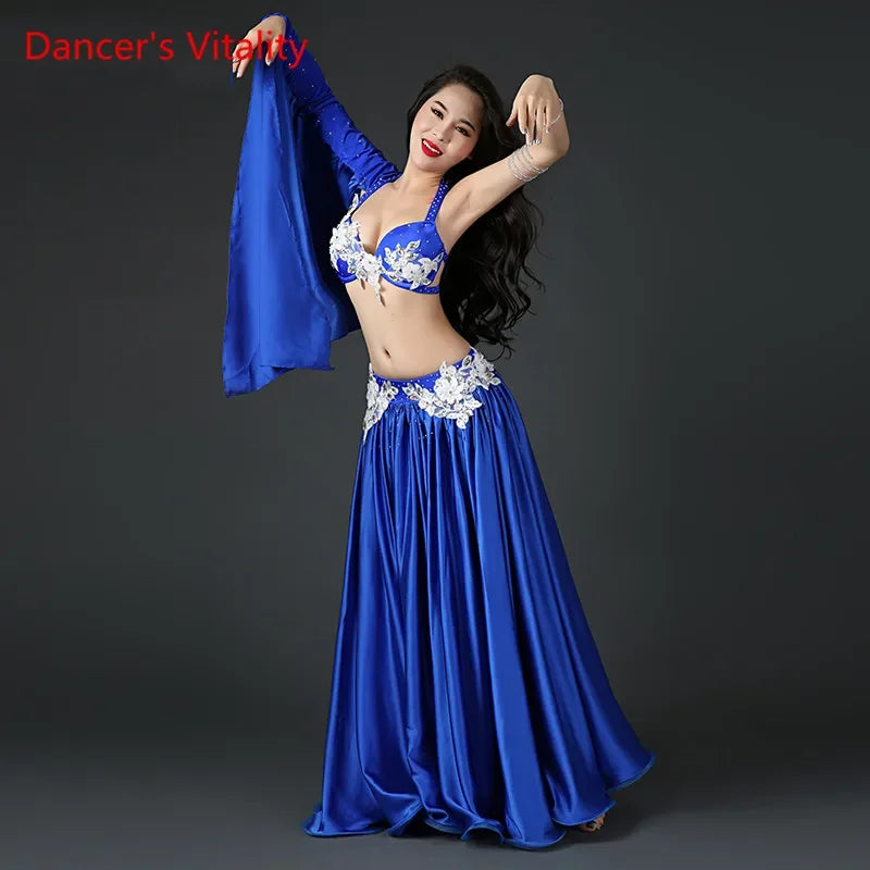 Belly Dance Costume Women's Royal Blue Satin Halter Bra Skirt Set with White Floral Applique and Arm Sleeves