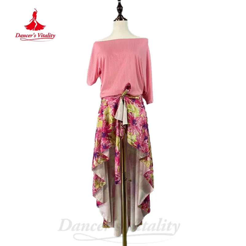 Women's Pink Off-Shoulder Crop Top and Floral Asymmetrical Skirt Set, Lightweight Dance Practice Outfit