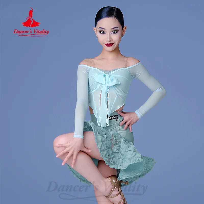Women's Light Blue Mesh Long Sleeve Off-Shoulder Ruffle Latin Dance Top and Skirt Set