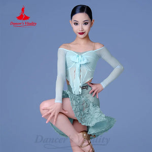 Women's Light Blue Mesh Long Sleeve Off-Shoulder Ruffle Latin Dance Top and Skirt Set