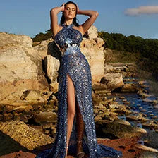 Royal Blue Sequin Halter Neck Dress with Diamond Beaded Waist and Side Split for Prom and Weddings