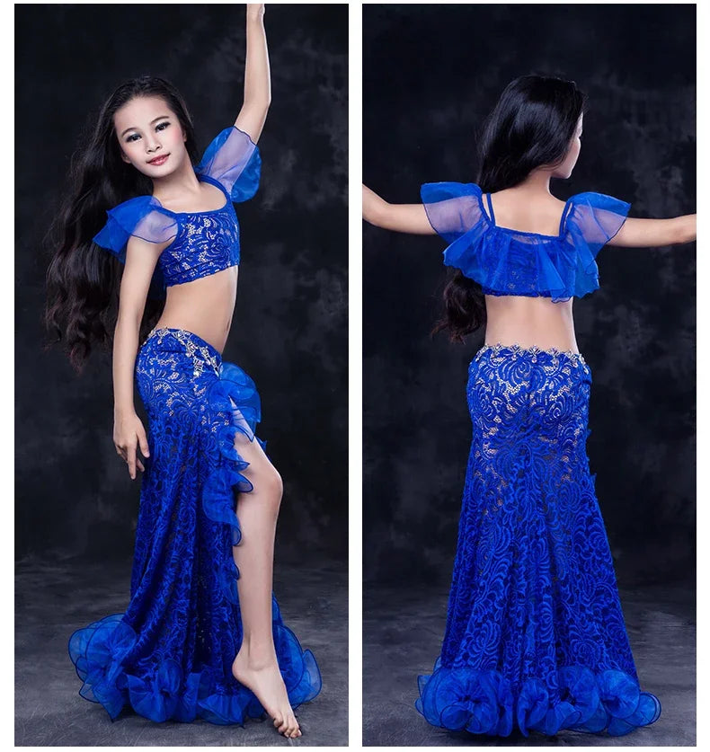 Girls Red Lace Ruffle Belly Dance Costume Set
