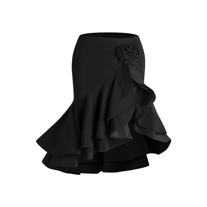 Women's Burgundy & Black Off-Shoulder Crop Top & Ruffled Skirt Latin Dance Costume Set