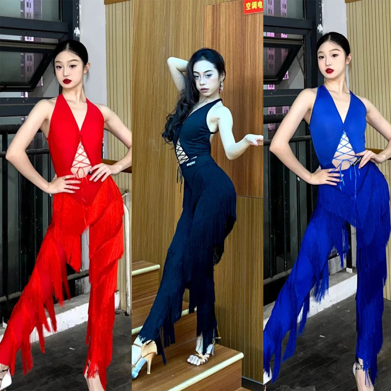 Dance Jumpsuit Women's Red Halter Fringe Latin Dance Bodysuit with Pants, Black Halter Fringe Latin Dance Bodysuit with Pants, Blue Halter Fringe Latin Dance Bodysuit with Pants