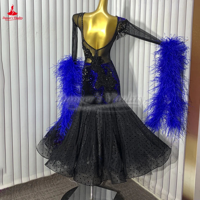 Women's Ballroom Dance Dress With Polka Dots And Ostrich Feather Sleeves For Waltz Foxtrot Tango Quickstep