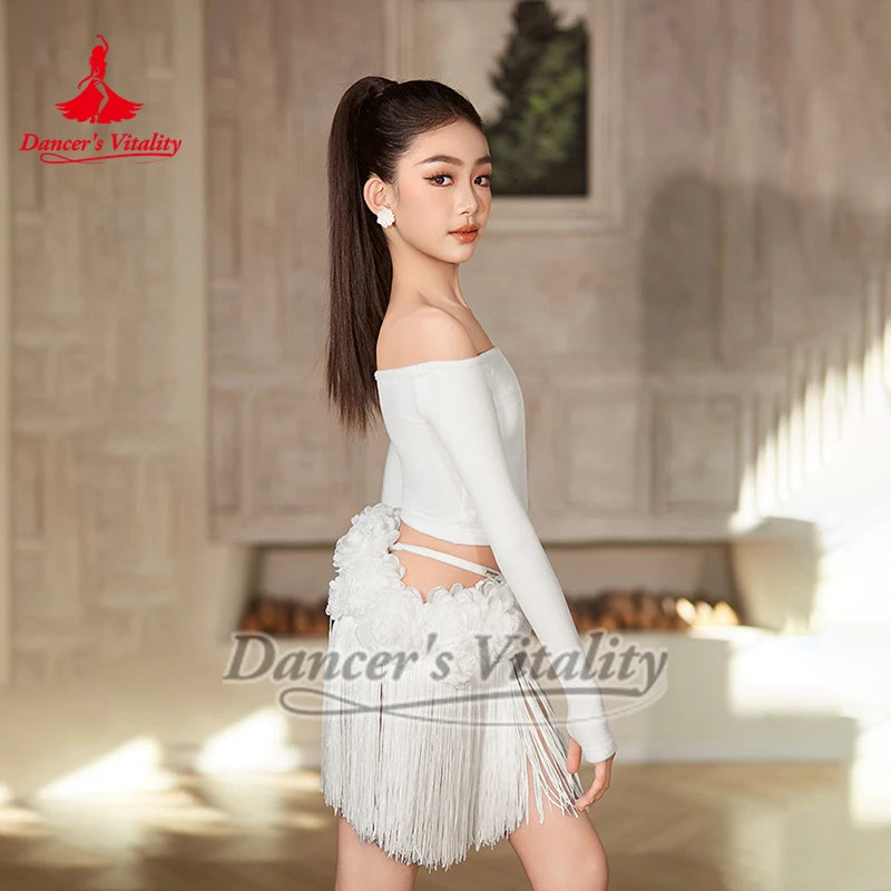 Latin Dance Dress Girls White Black Off Shoulder Fringe Skirt Ballroom Rumba Samba Cha Cha Dancewear