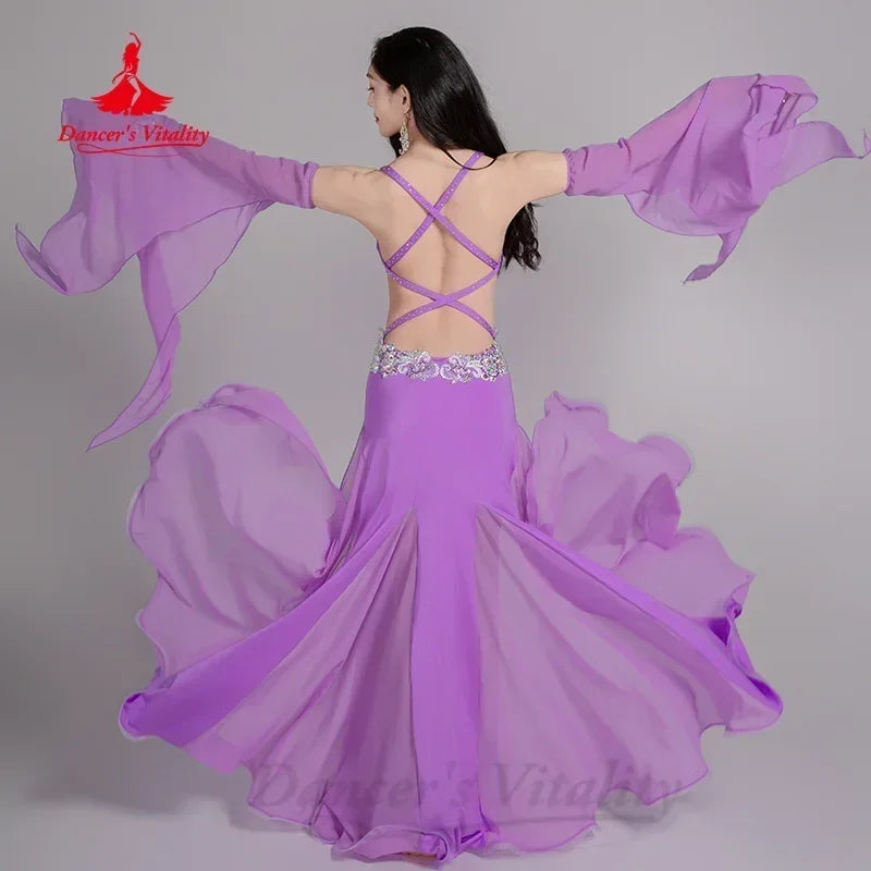 Belly Dance Costume, Women's Green Sequin Beaded Chiffon Skirt and Bra Set with Arm Sleeves, Performance Wear