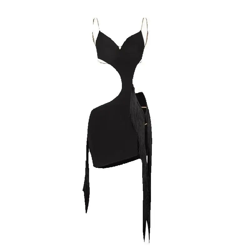Women's Leopard Print Black Fringe Cutout Latin Dance Dress
