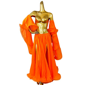 Belly Dance Costume, Women's Red Chiffon Long Sleeve Top and Slit Skirt Set, Performance Wear