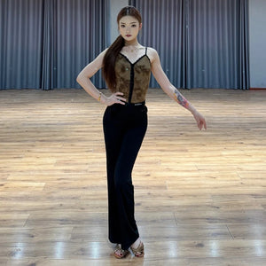 Women's Brown and Purple Lace V-Neck Cami Bodysuit with Black Flare Dance Pants Latin Ballroom Performance Outfit