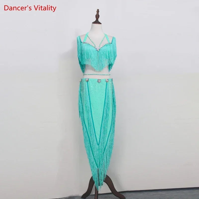 Women's Hot Pink Fringe Sequin Asymmetrical Skirt Latin Dance Dress