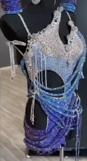 Rhinestone Belly Dance Costume, Women's Ombre Blue & Silver Crystal Embellished Two-Piece Set with Fringe & Cut-Outs, Latin Dancewear