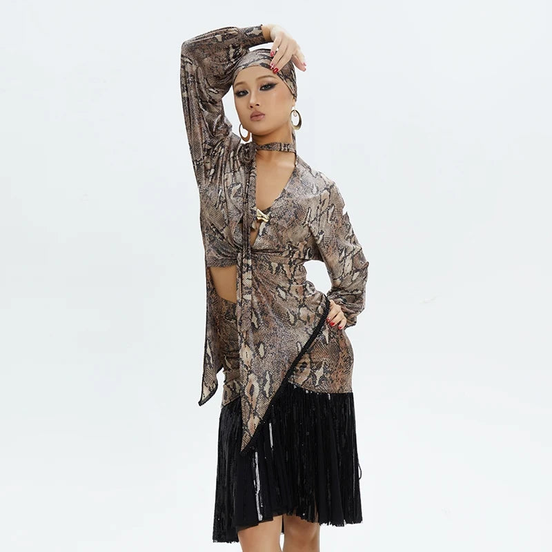 Women's Brown Snake Print Choker Neck Long Sleeve Top and Black Fringe Skirt Latin Dance Set