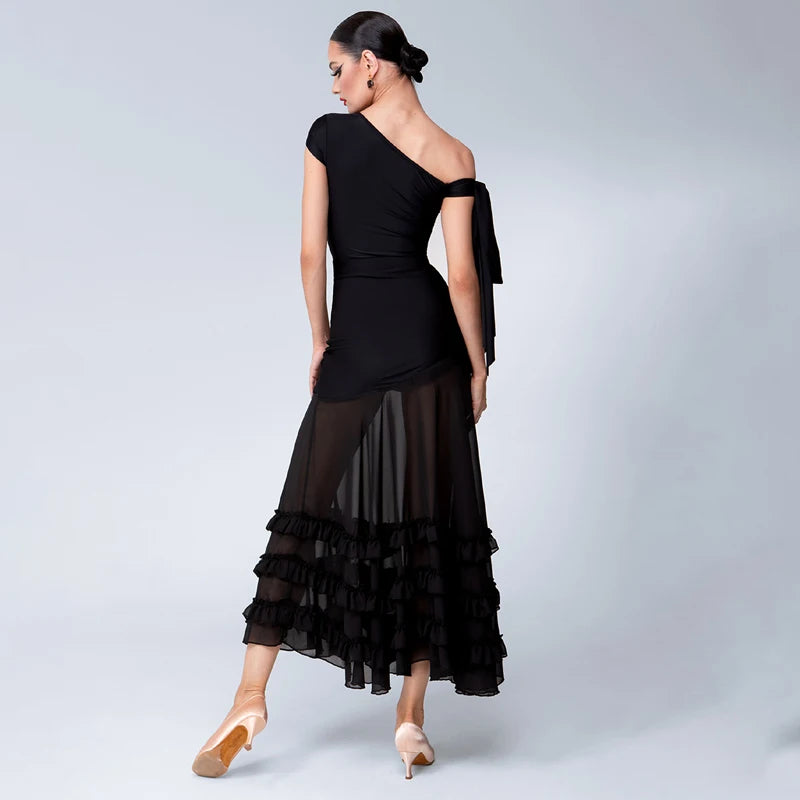 Dance Dress Women's Black One-Shoulder Ruched Chiffon Ruffled Ballroom Latin Dance Dress