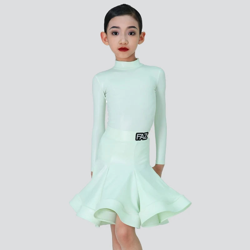 Girls' Pink Long Sleeve Mock Neck Pleated Skirt Latin Ballroom Dance Dress