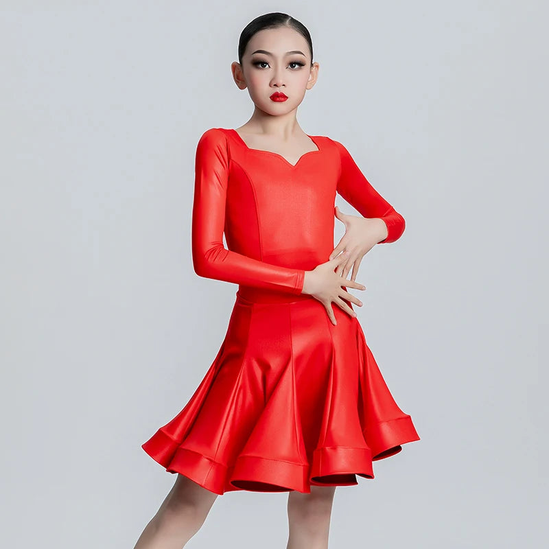 Girls Latin Dance Dress, Brown Red Black White Faux Leather Long Sleeve Skirt