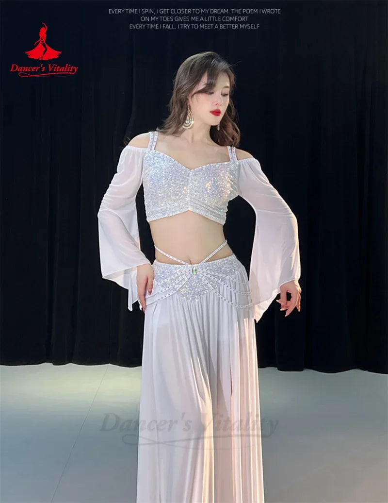 Women's Red Sequin Off-Shoulder Crop Top & Slit Skirt Belly Dance Costume