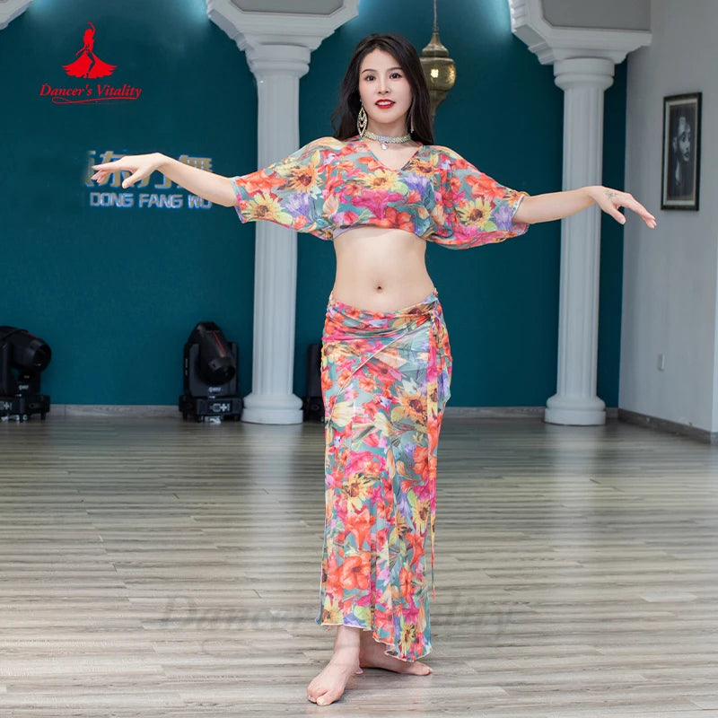 Belly Dance Costume Women's Floral Print Chiffon Crop Top and Skirt Set, Flowy Short Sleeve, V-Neck, Adjustable Skirt, Performance Wear