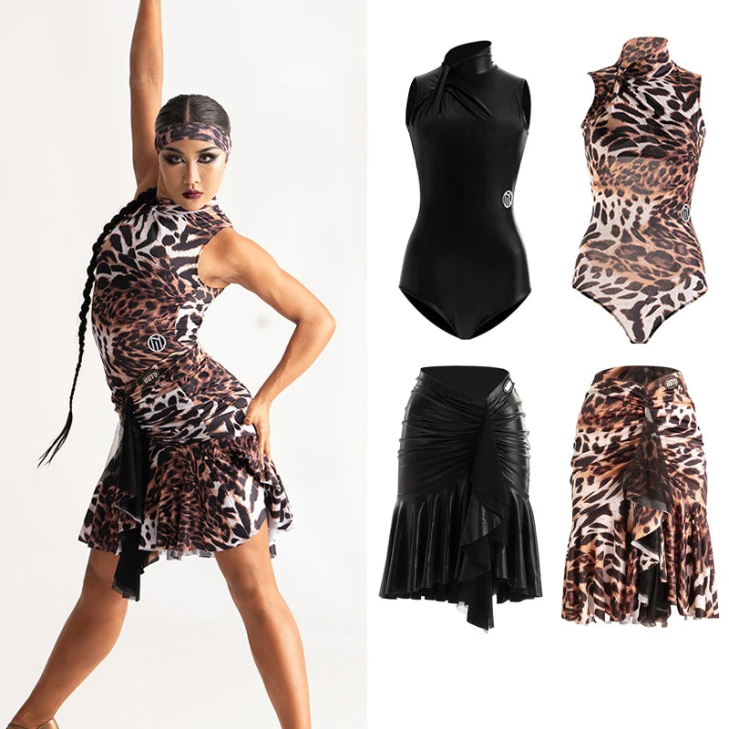 Women's Black & Leopard Print Sleeveless Mock Neck Bodysuit & Ruffled Skirt Latin Dancewear