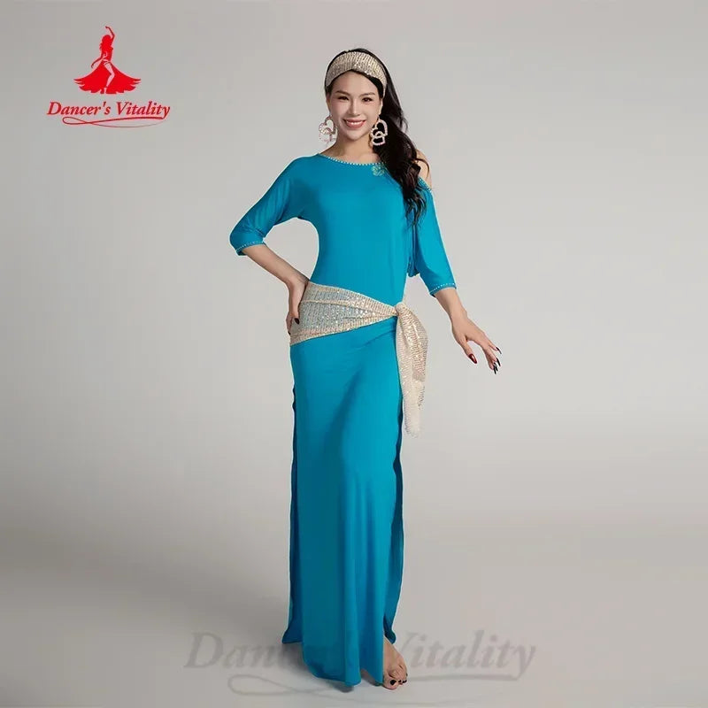 Belly Dance Dress Women's Black Gold Sequin Slit Long Sleeve Maxi Dress with Hip Scarf