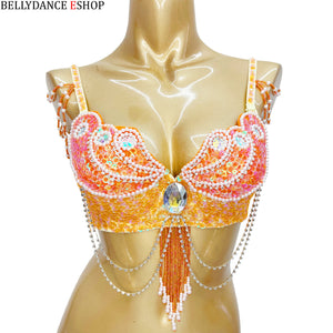 Women's Red Sequin & Pearl Beaded Belly Dance Bra Top with Shoulder & Waist Chains
