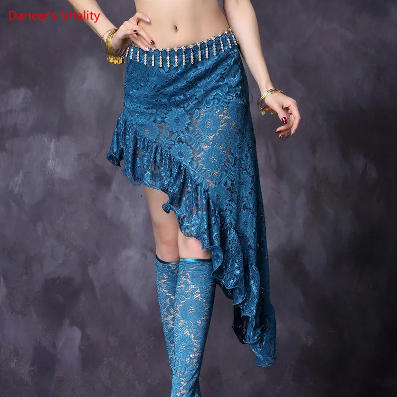 Belly Dance Skirt Women's Black Lace Asymmetrical Ruffled High-Slit Skirt with Hip Scarf and Leggings for Belly Dance Performance