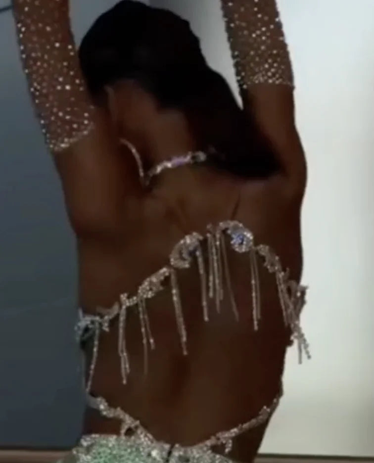 Belly Dance Costume Set Women's Green and Blue Sequin Rhinestone Bra and Skirt with Gold Appliques