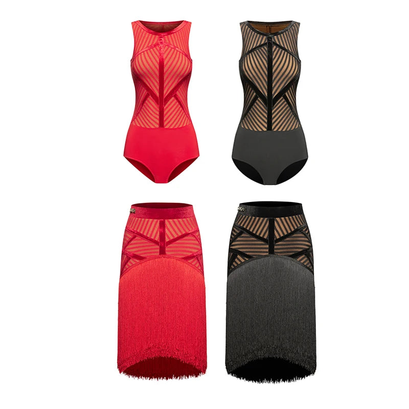 Women's Red Latin Dance Dress with Fringe Skirt & Mesh Bodice