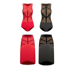 Women's Red Latin Dance Dress with Fringe Skirt & Mesh Bodice